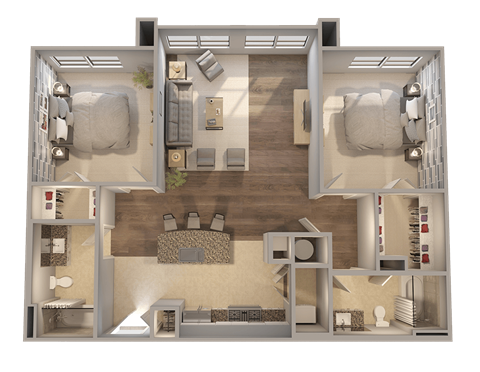 Floor plan for 2 beds, 2 baths, 1075 sqft